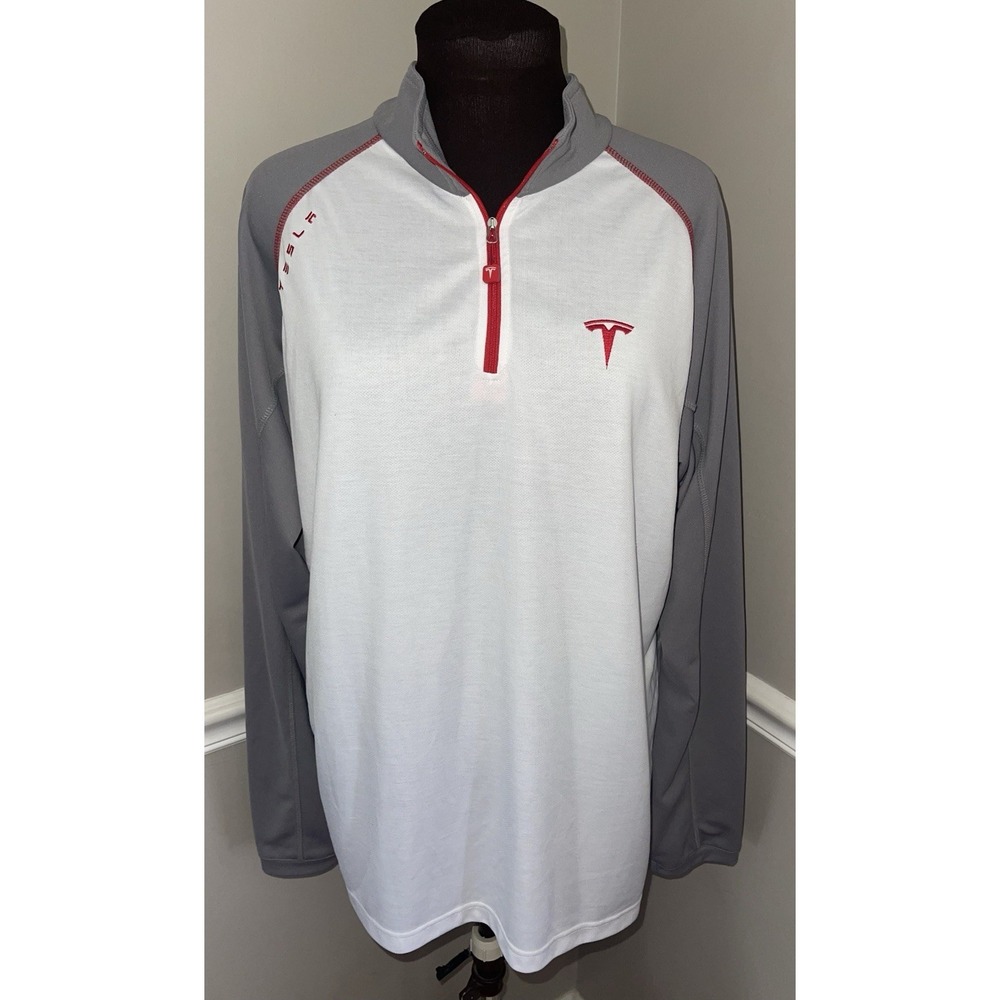 Tesla 1/4 Zip Pullover Shirt White Gray Red Mens XXL